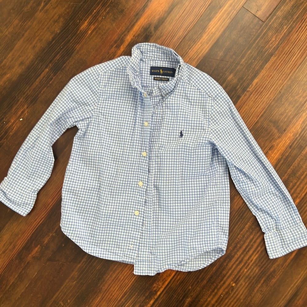 Ralph Lauren, Blue and white gingham button down shirt, size: 4T